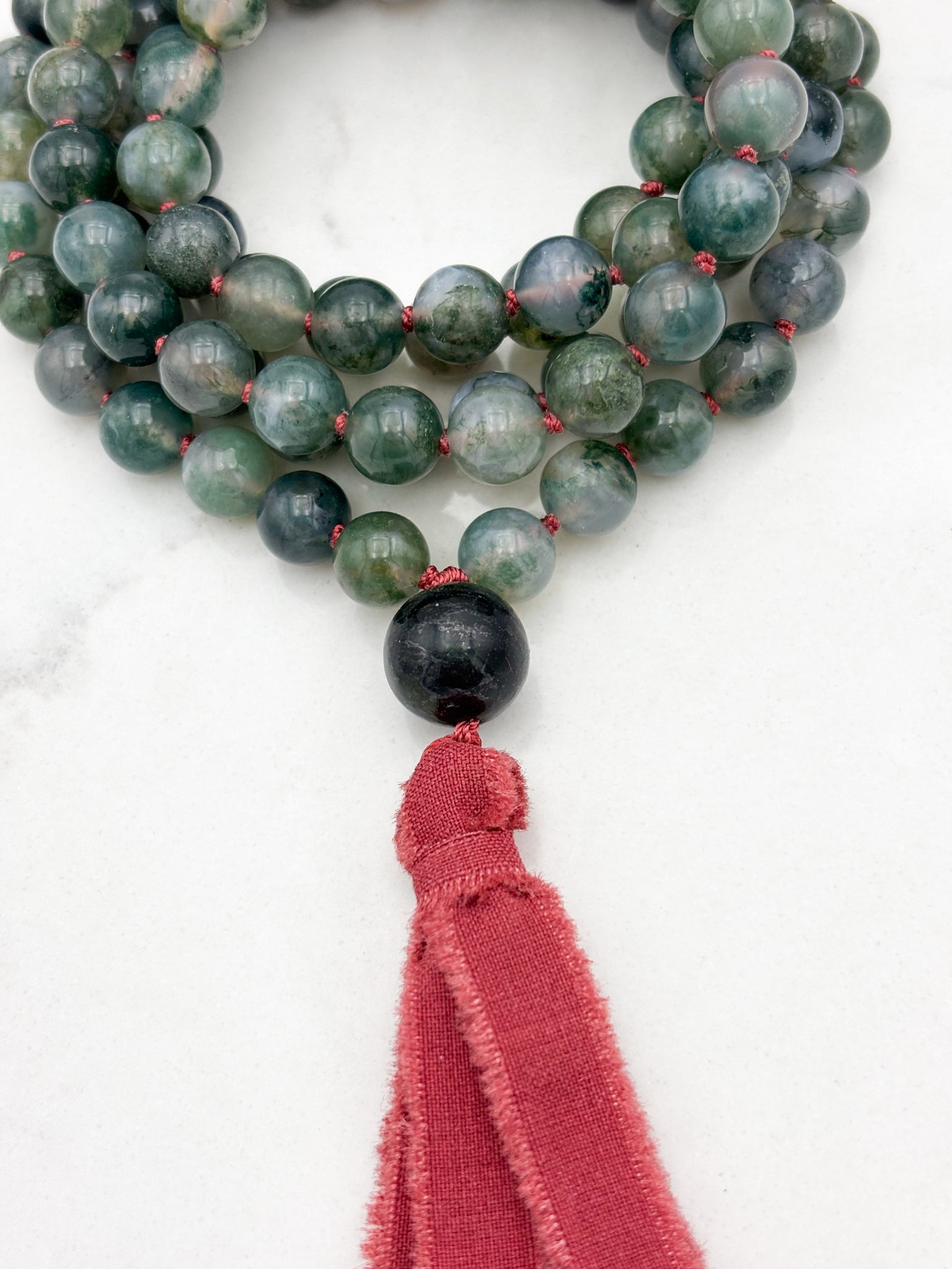moss agate gemstone mala with jade guru bead and red silk ribbon tassel | radiant malas | handmade in boulder, colorado