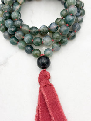 moss agate gemstone mala with jade guru bead and red silk ribbon tassel | radiant malas | handmade in boulder, colorado