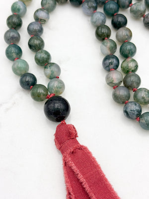 moss agate gemstone mala with jade guru bead and red silk ribbon tassel | radiant malas | handmade in boulder, colorado