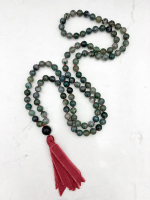 moss agate gemstone mala with jade guru bead and red silk ribbon tassel | radiant malas | handmade in boulder, colorado