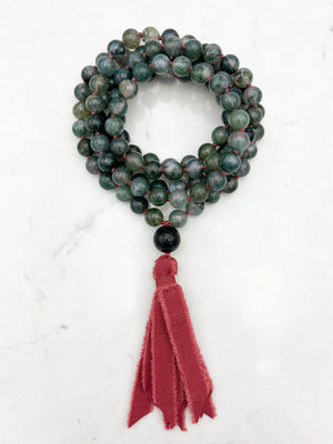 moss agate gemstone mala with jade guru bead and red silk ribbon tassel | radiant malas | handmade in boulder, colorado