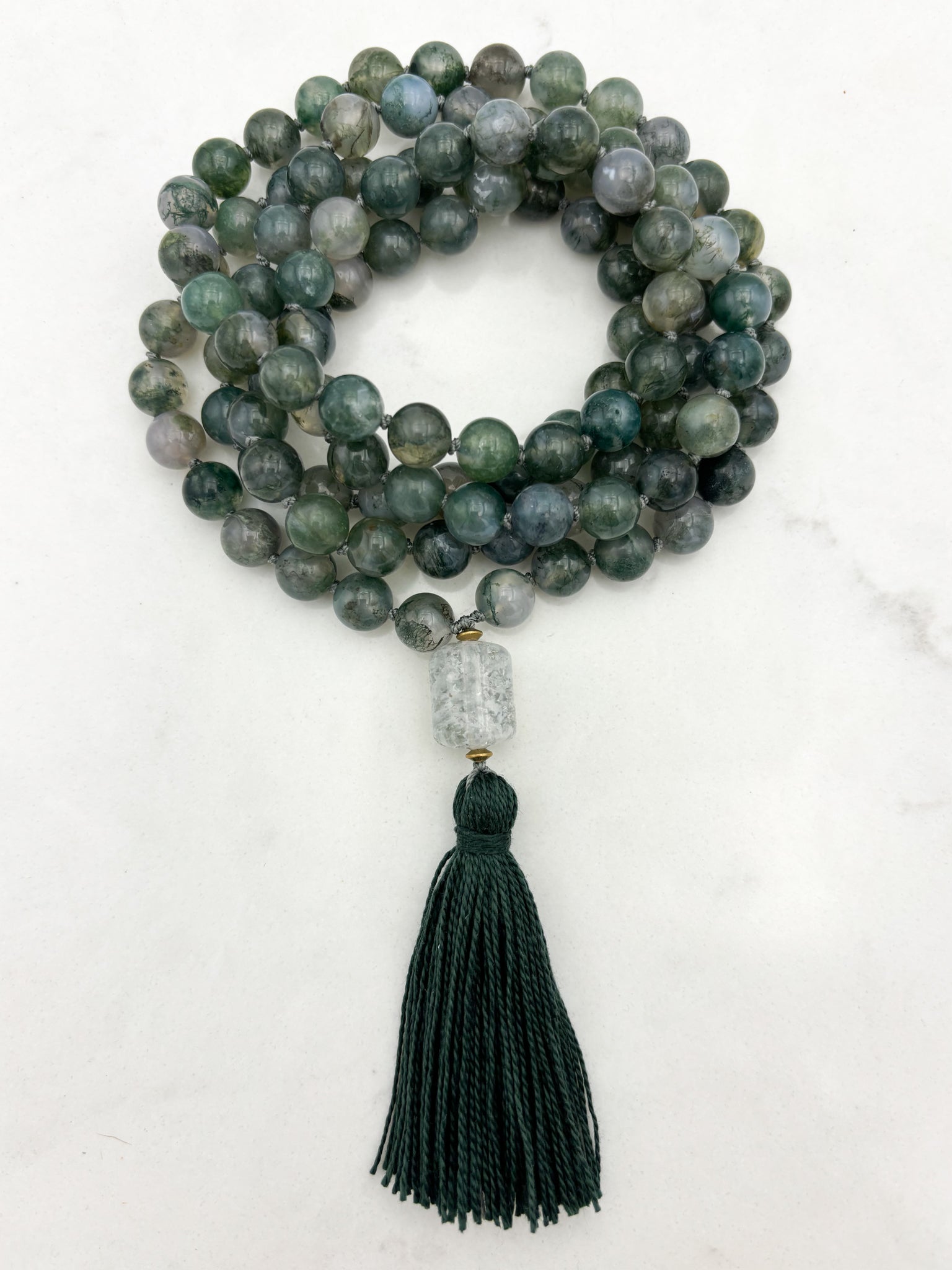 moss agate gemstone mala with phantom quartz guru bead and dark green tassel | radiant malas | handmade in boulder, colorado
