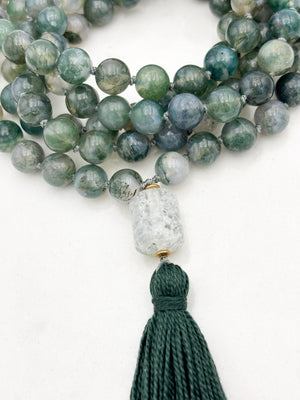 moss agate gemstone mala with phantom quartz guru bead and dark green tassel | radiant malas | handmade in boulder, colorado