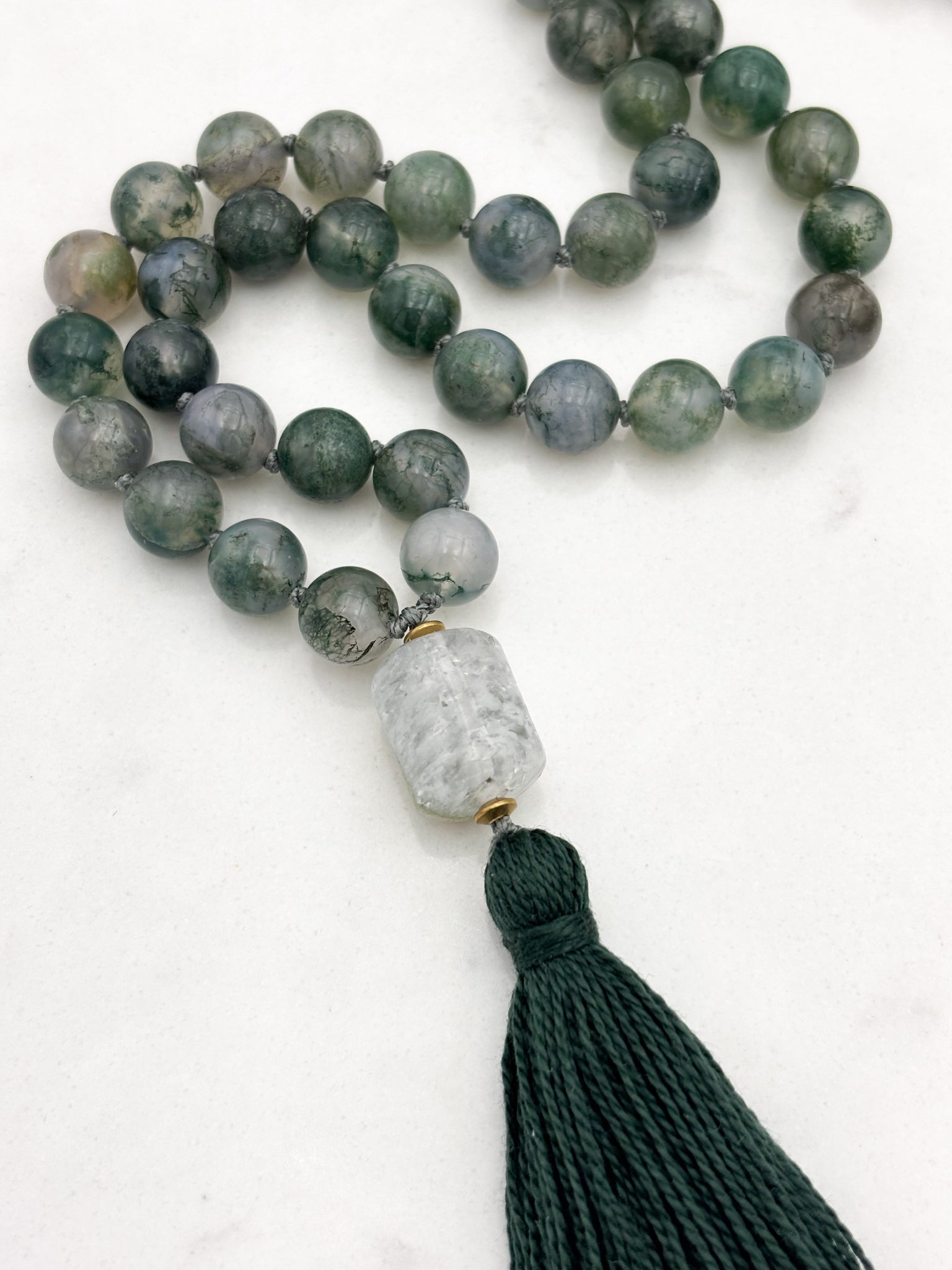 moss agate gemstone mala with phantom quartz guru bead and dark green tassel | radiant malas | handmade in boulder, colorado