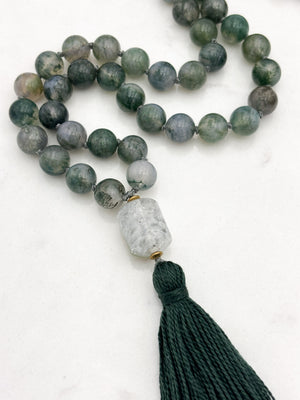 moss agate gemstone mala with phantom quartz guru bead and dark green tassel | radiant malas | handmade in boulder, colorado