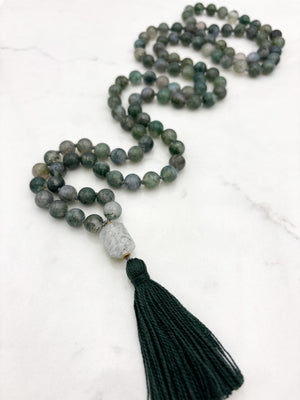 moss agate gemstone mala with phantom quartz guru bead and dark green tassel | radiant malas | handmade in boulder, colorado