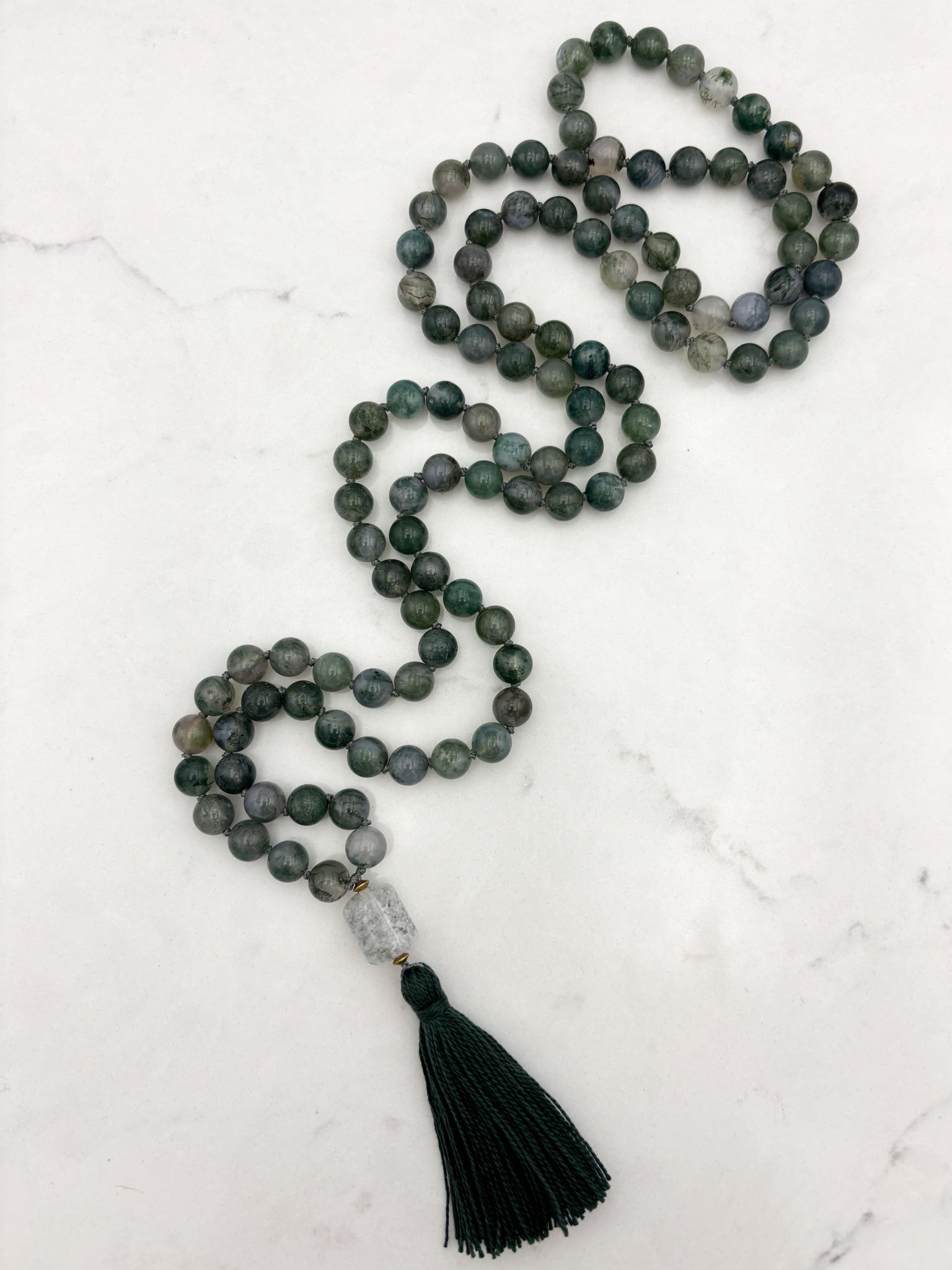 moss agate gemstone mala with phantom quartz guru bead and dark green tassel | radiant malas | handmade in boulder, colorado