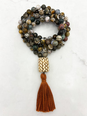 ocean jasper gemstone mala with basketweave carved bone guru bead and rust tassel | radiant malas | handmade in boulder, colorado