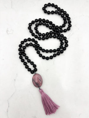 onyx gemstone mala necklace with rhodonite guru bead and pink tassel | radiant malas | handmade in boulder, colorado