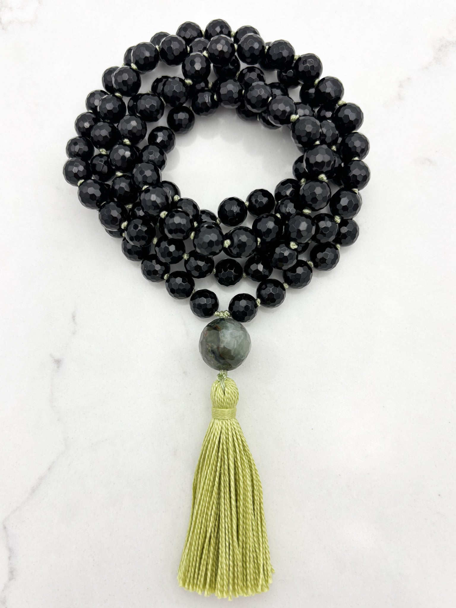 onyx gemstone mala necklace with moss agate guru bead and green tassel | radiant malas | handmade in boulder, colorado