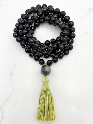 onyx gemstone mala necklace with moss agate guru bead and green tassel | radiant malas | handmade in boulder, colorado