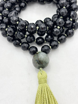 onyx gemstone mala necklace with moss agate guru bead and green tassel | radiant malas | handmade in boulder, colorado