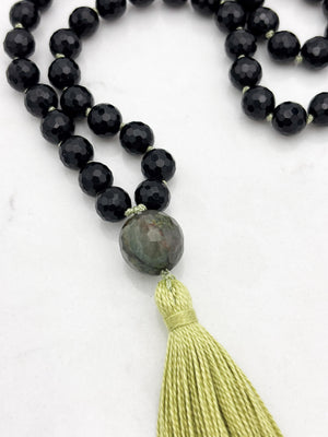onyx gemstone mala necklace with moss agate guru bead and green tassel | radiant malas | handmade in boulder, colorado
