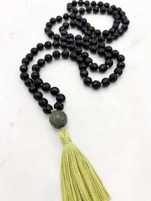 onyx gemstone mala necklace with moss agate guru bead and green tassel | radiant malas | handmade in boulder, colorado