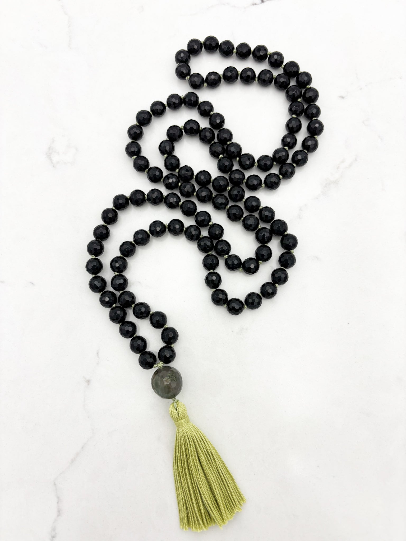 onyx gemstone mala necklace with moss agate guru bead and green tassel | radiant malas | handmade in boulder, colorado