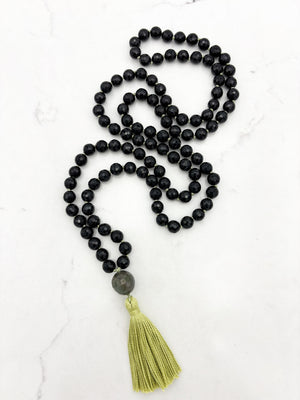 onyx gemstone mala necklace with moss agate guru bead and green tassel | radiant malas | handmade in boulder, colorado