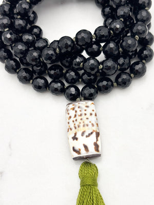 onyx gemstone mala with shell guru bead and green tassel | radiant malas | handmade in boulder, colorado