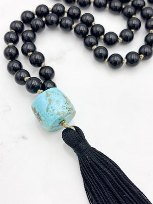 onyx gemstone mala with turquoise barrel guru bead and black tassel | radiant malas | handmade in boulder, colorado