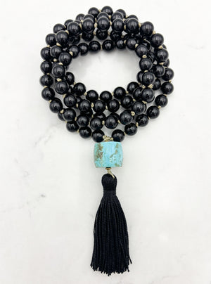 onyx gemstone mala with turquoise barrel guru bead and black tassel | radiant malas | handmade in boulder, colorado