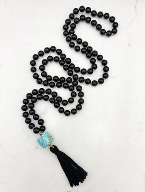 onyx gemstone mala with turquoise barrel guru bead and black tassel | radiant malas | handmade in boulder, colorado
