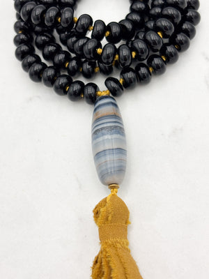 onyx gemstone mala with agate guru bead and silk ribbon tassel  radiant malas | handmade in boulder, colorado