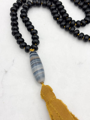 onyx gemstone mala with agate guru bead and silk ribbon tassel  radiant malas | handmade in boulder, colorado