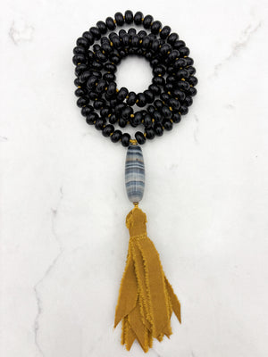 onyx gemstone mala with agate guru bead and silk ribbon tassel  radiant malas | handmade in boulder, colorado