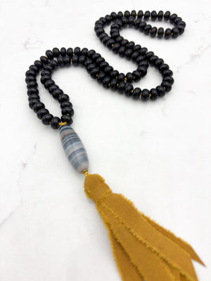 onyx gemstone mala with agate guru bead and silk ribbon tassel  radiant malas | handmade in boulder, colorado