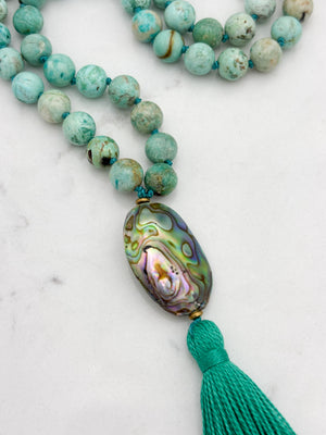 peruvian turquoise gemstone mala with abalone shell guru bead and green tassel | handmade in boulder, colorado | radiant malas