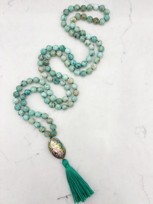 peruvian turquoise gemstone mala with abalone shell guru bead and green tassel | handmade in boulder, colorado | radiant malas
