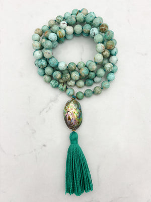 peruvian turquoise gemstone mala with abalone shell guru bead and green tassel | handmade in boulder, colorado | radiant malas