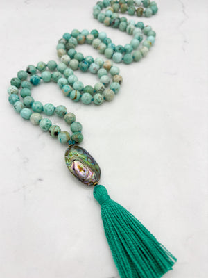 peruvian turquoise gemstone mala with abalone shell guru bead and green tassel | handmade in boulder, colorado | radiant malas