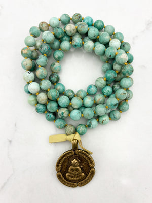Peruvian Turquoise mala necklace with brass Buddha pendant | radiant malas | handmade in boulder, colorado