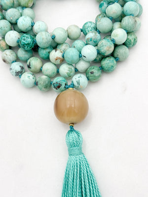 peruvian turquoise gemstone mala with polished horn guru bead and green tassel | handmade in boulder, colorado | radiant malas