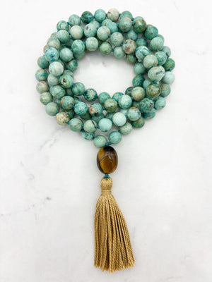Peruvian Turquoise mala necklace with tiger's eye guru bead and light gold tassel | radiant malas | handmade in boulder, colorado