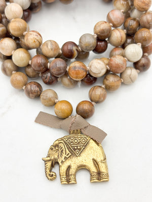 petrified wood gemstone mala with brass elephant pendant | radiant malas | handmade in boulder, colorado