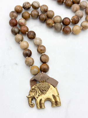 petrified wood gemstone mala with brass elephant pendant | radiant malas | handmade in boulder, colorado