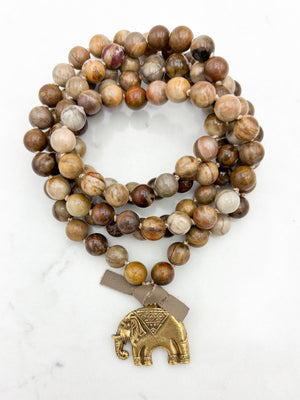 petrified wood gemstone mala with brass elephant pendant | radiant malas | handmade in boulder, colorado