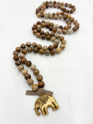 petrified wood gemstone mala with brass elephant pendant | radiant malas | handmade in boulder, colorado