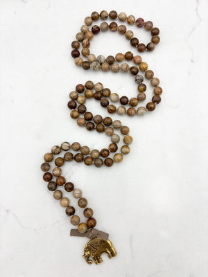 petrified wood gemstone mala with brass elephant pendant | radiant malas | handmade in boulder, colorado
