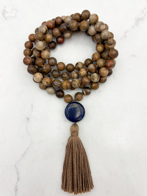 petrified wood gemstone mala with lapis guru bead and tan tassel | radiant malas | handmade in boulder, colorado
