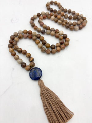 petrified wood gemstone mala with lapis guru bead and tan tassel | radiant malas | handmade in boulder, colorado