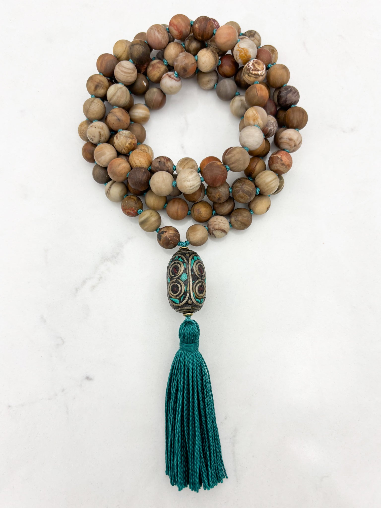 petrified wood gemstone mala with vintage brass and turquoise guru bead and turquoise tassel | radiant malas | handmade in boulder, colorado