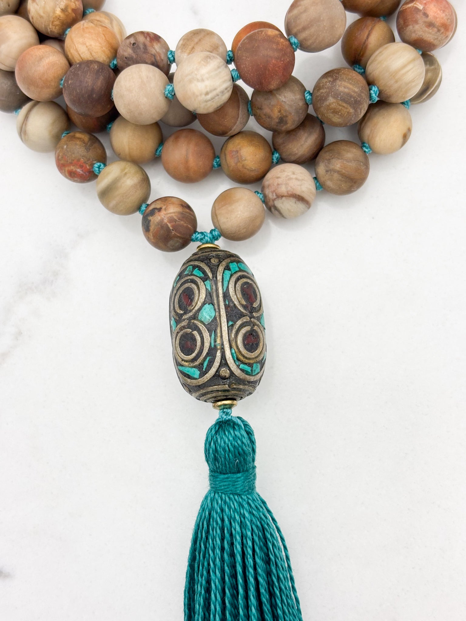 petrified wood gemstone mala with vintage brass and turquoise guru bead and turquoise tassel | radiant malas | handmade in boulder, colorado