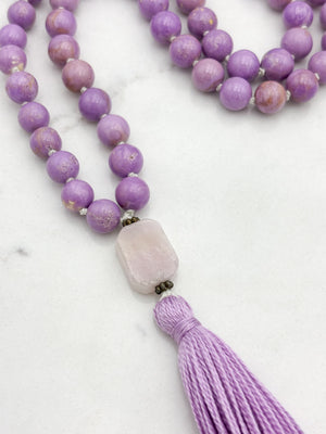phosphosiderite gemstone mala with kunzite guru bead and lilac tassel | radiant malas | handmade in boulder, colorado