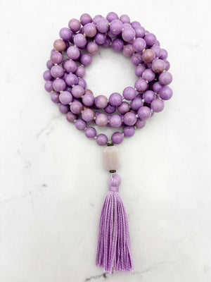 phosphosiderite gemstone mala with kunzite guru bead and lilac tassel | radiant malas | handmade in boulder, colorado