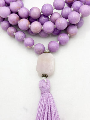 phosphosiderite gemstone mala with kunzite guru bead and lilac tassel | radiant malas | handmade in boulder, colorado