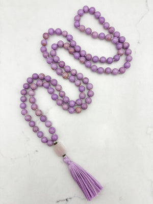 phosphosiderite gemstone mala with kunzite guru bead and lilac tassel | radiant malas | handmade in boulder, colorado