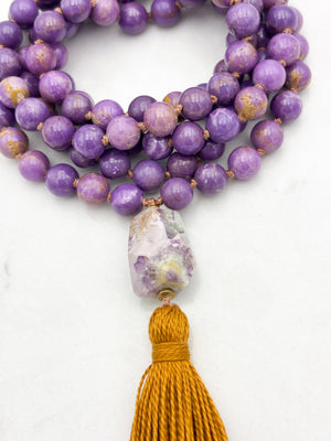phosphosiderite gemstone mala with lilac agate guru bead and gold tassel | radiant malas | handmade in boulder, colorado