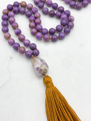 phosphosiderite gemstone mala with lilac agate guru bead and gold tassel | radiant malas | handmade in boulder, colorado
